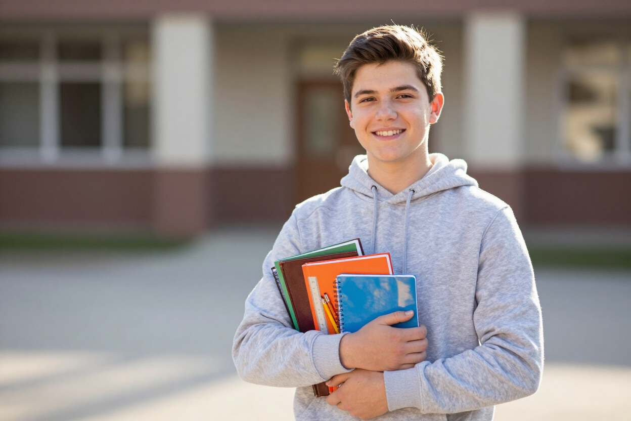 A student with school supplies