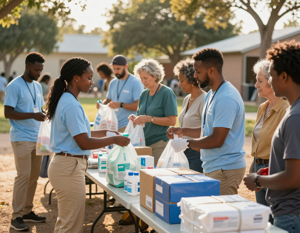 AAHC volunteers preparing supplies and engaging with the community