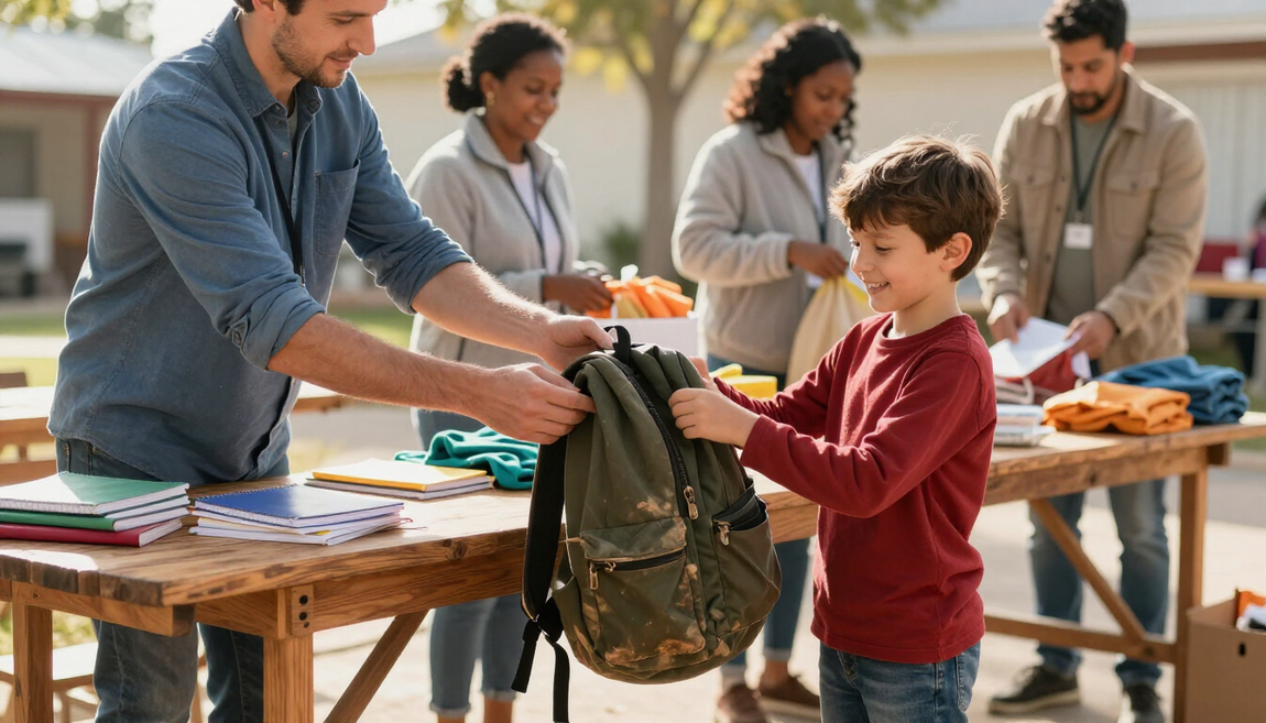 Volunteer handing supplies to a child during a community outreach event