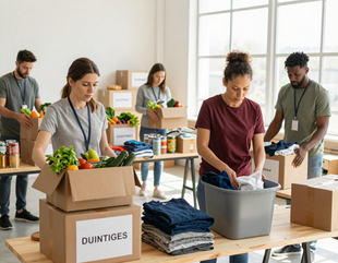 Volunteers packing grocery boxes and clothing donations