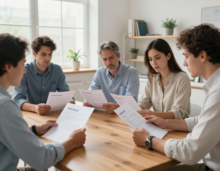 Adults participating in a job-readiness workshop reviewing resumes