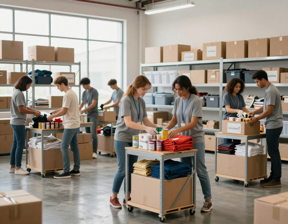 Volunteers organizing supplies