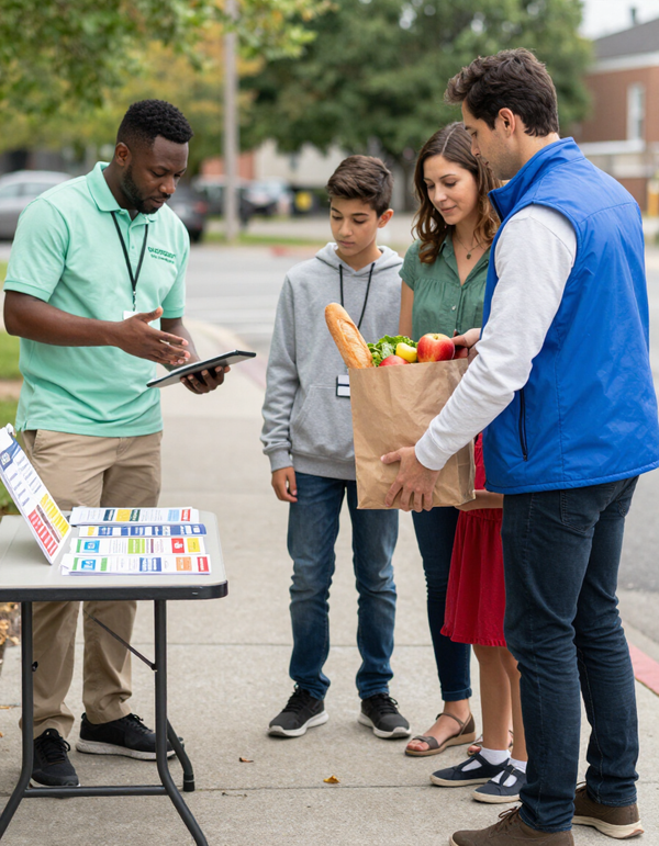 Volunteer handing groceries to a family while another discusses job training