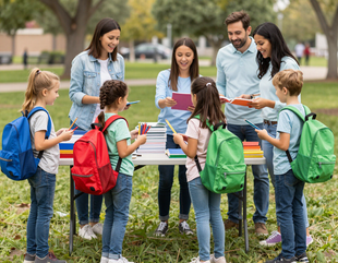 Children receiving backpacks and school supplies from volunteers