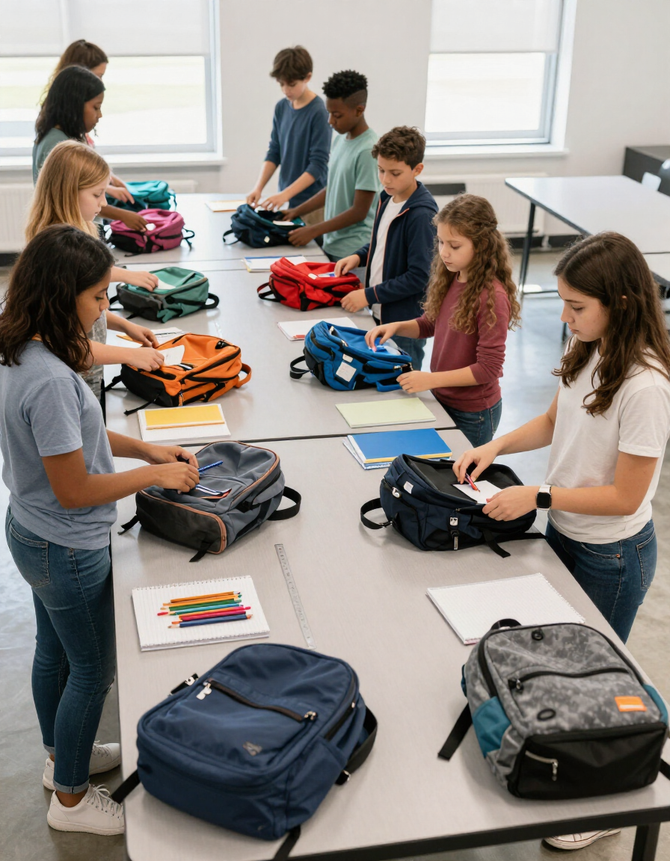 Backpacks and school supplies laid out for distribution