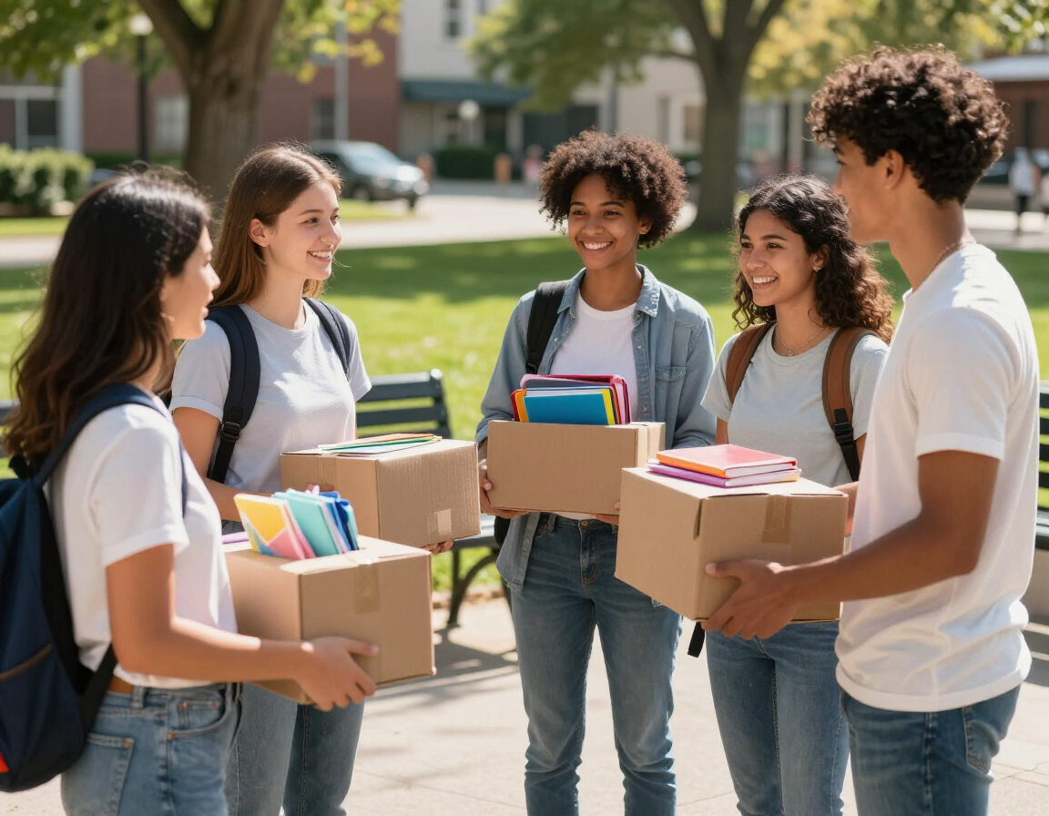 Students receiving school supplies