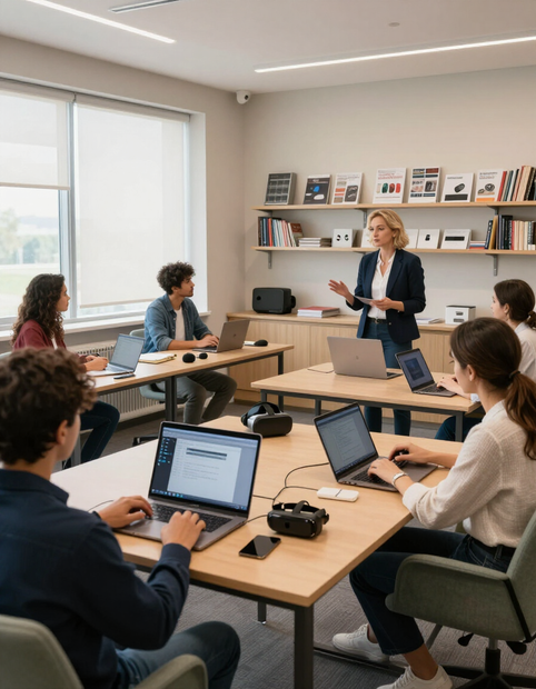 Adults learning digital and workforce skills in a training classroom