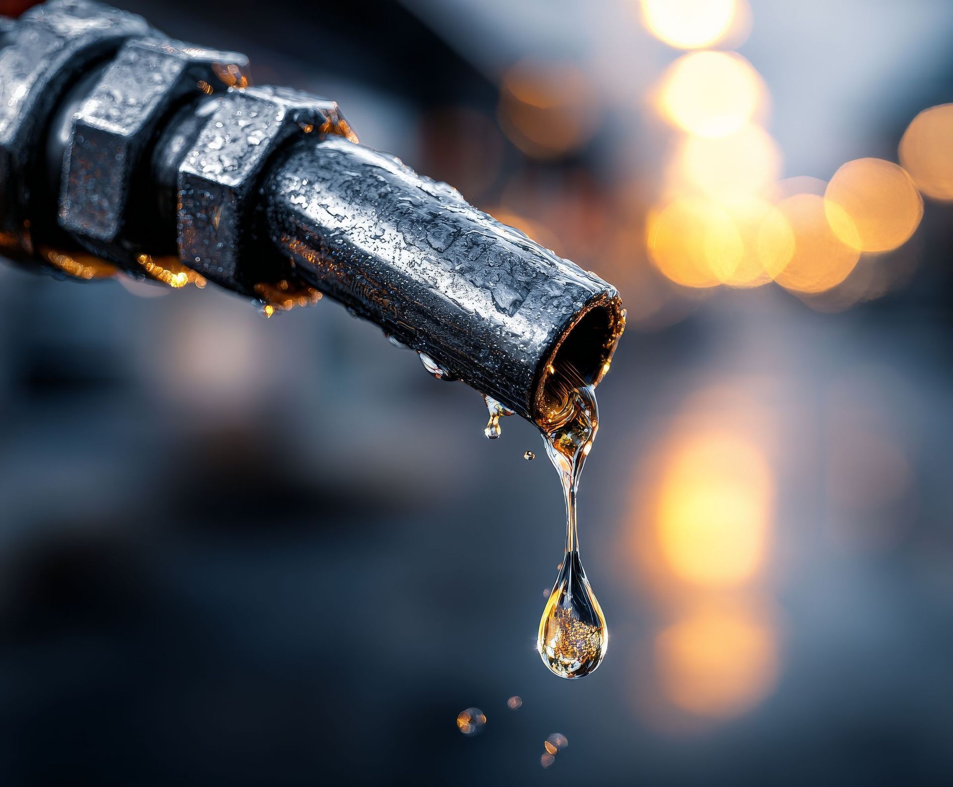 Close-up of a fuel supplier nozzle dripping liquid gold oil against a bokeh industrial background. Close-up of a fuel supplier nozzle dripping liquid gold oil against a bokeh industrial background.