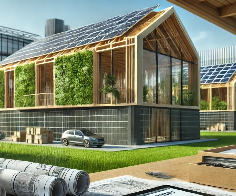 Modern sustainable house with solar panels, green wall, car, and blueprints.