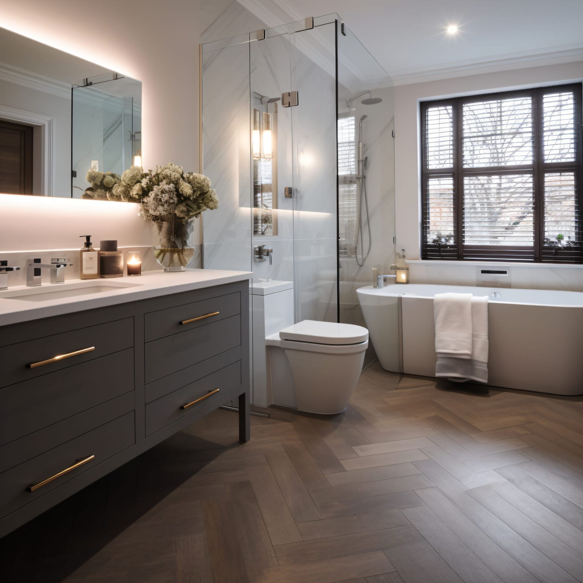 Modern bathroom with gray vanity, white tub, and herringbone floor. Large window with blinds.