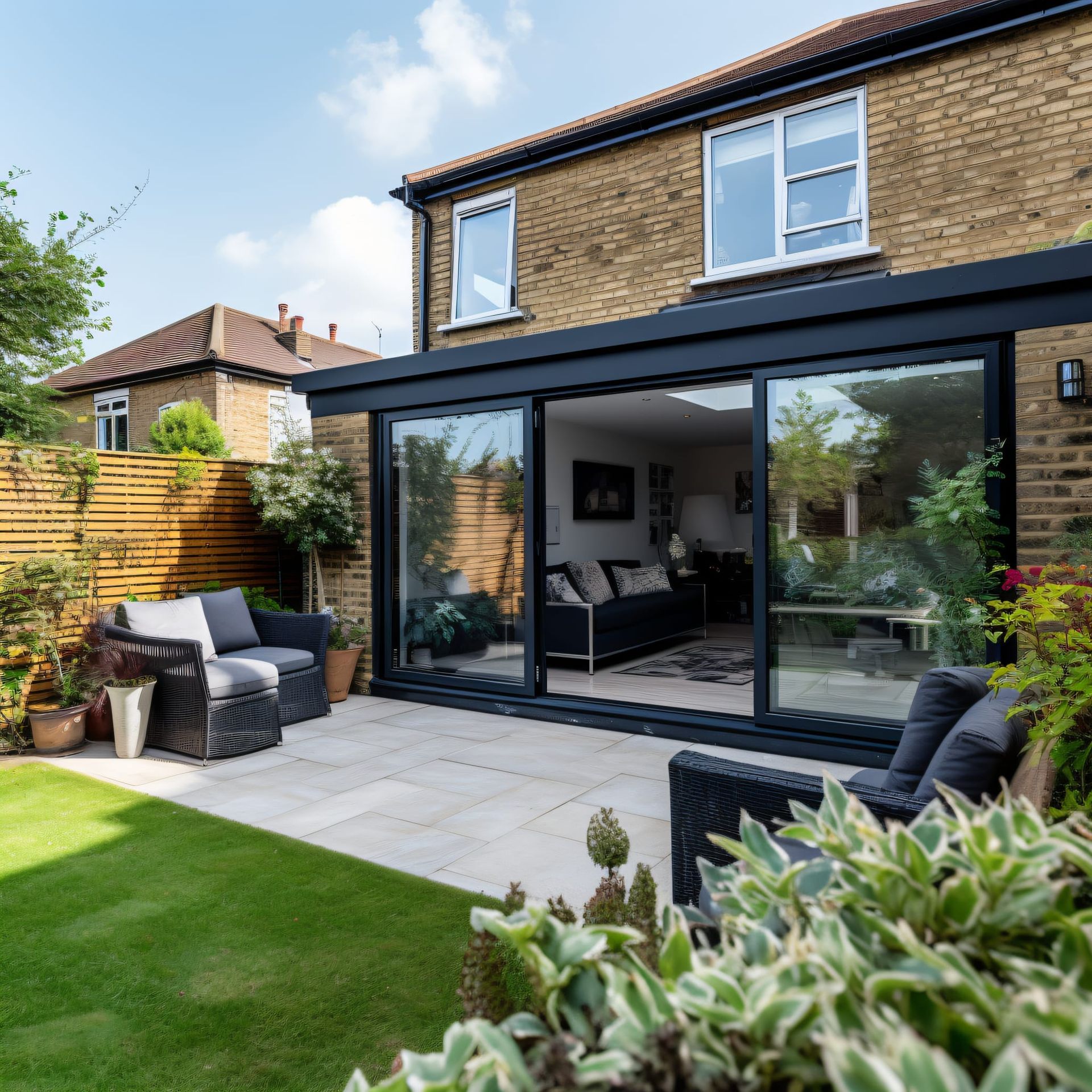 Backyard patio with dark sliding doors, seating, and a lush green lawn.