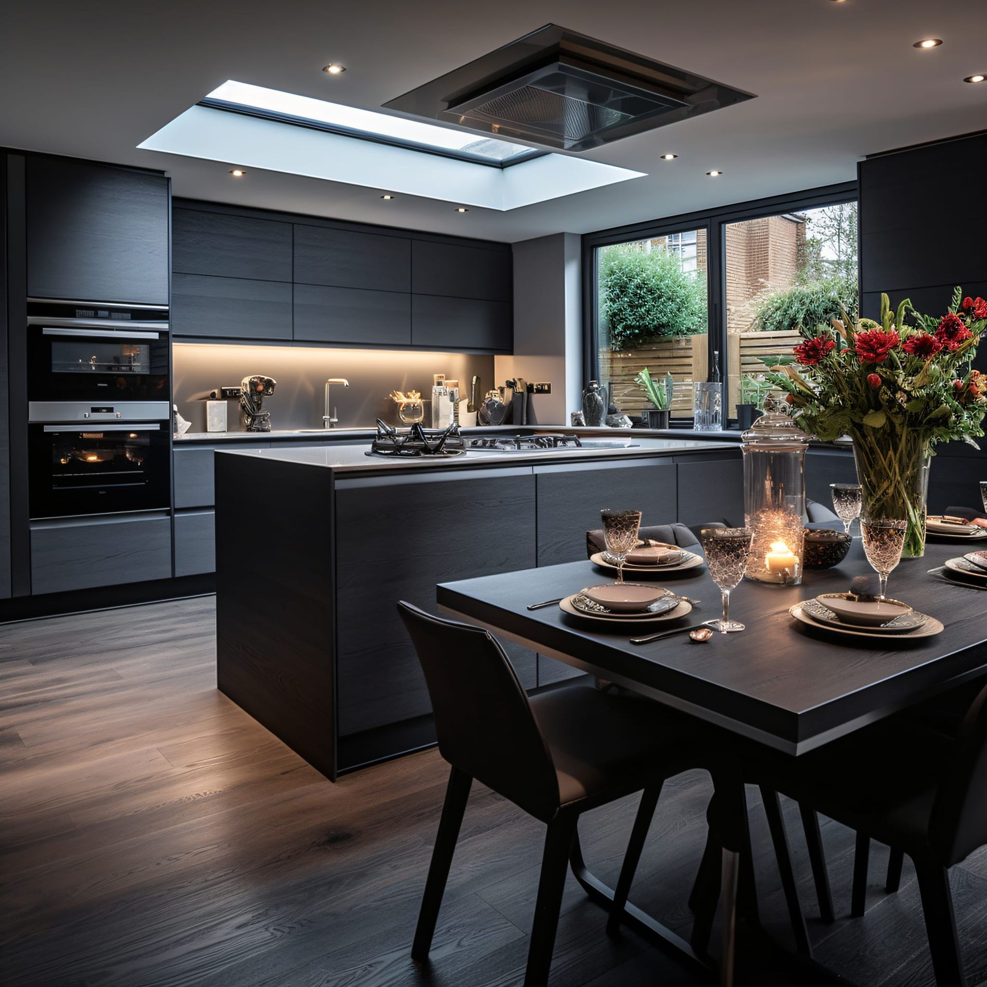 Modern, dark gray kitchen with island and dining table set for dinner.
