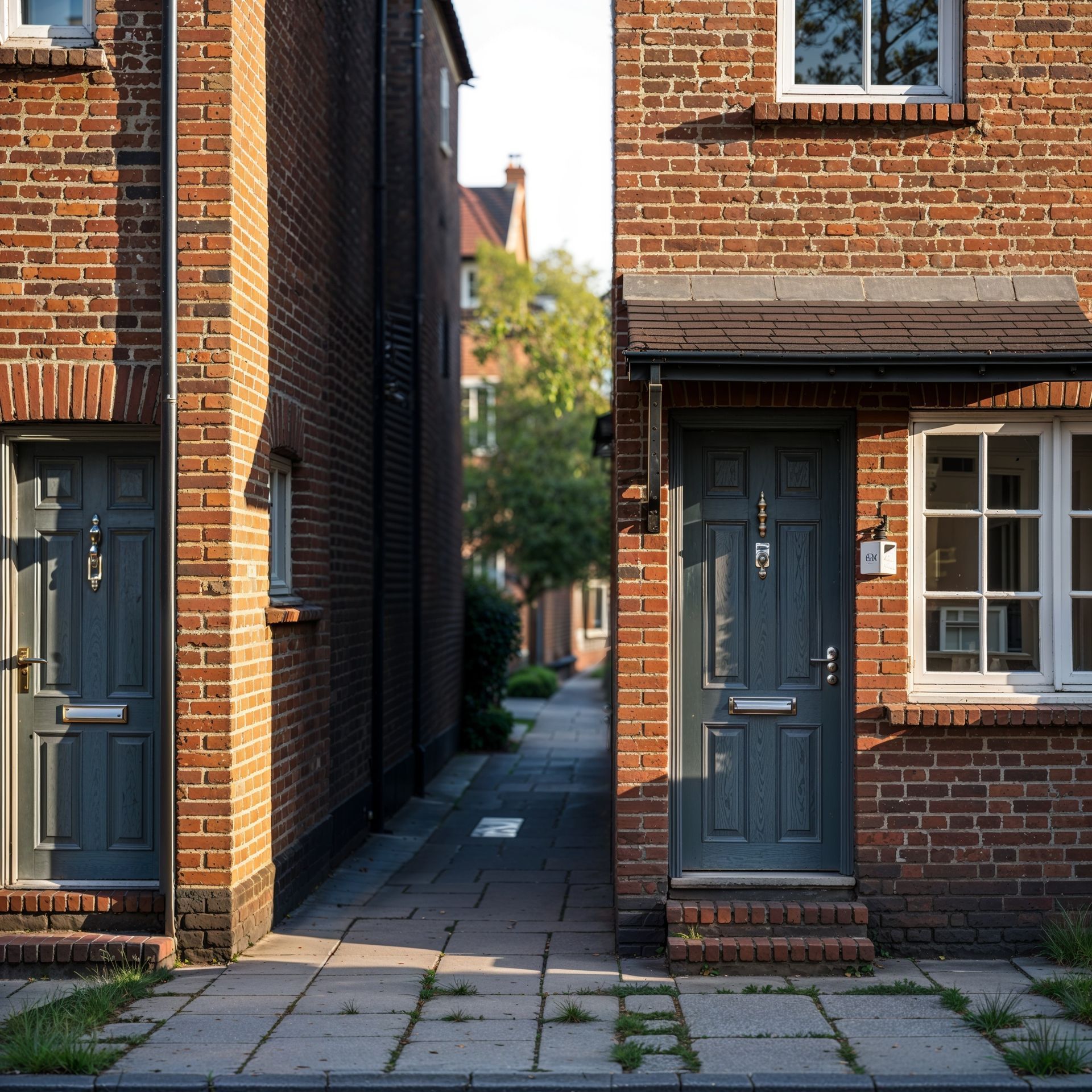 Brick buildings with teal doors and a narrow walkway between them.