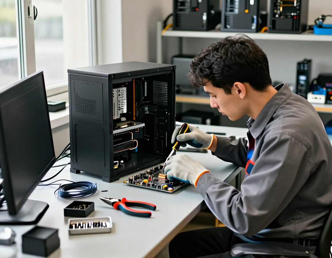 Technicien LDI 05 travaillant sur un PC ouvert dans l'atelier de Rousset
