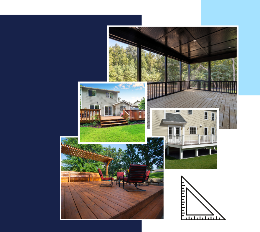 Decks and outdoor living spaces: A collage shows various wooden deck styles with homes and nature.