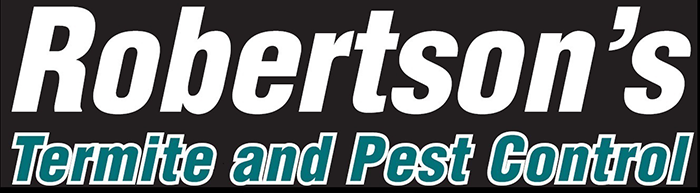 Logo for Robertson's Termite and Pest Control with white text on a black background and teal lettering below.