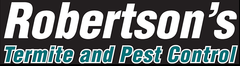 Logo for Robertson's Termite and Pest Control with white text on a black background and teal lettering below.