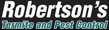 Logo for Robertson's Termite and Pest Control with white text on a black background and teal lettering below.