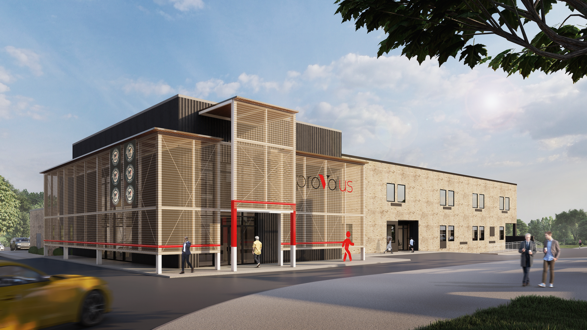 Modern brick-and-glass building exterior with people walking nearby and parked cars in front