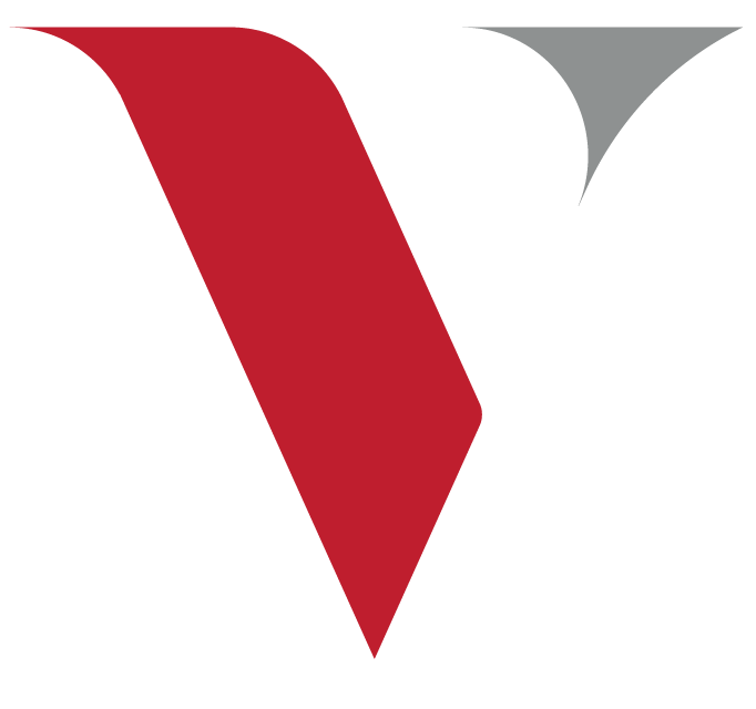 Red stylized V logo with a gray triangular accent on a white background