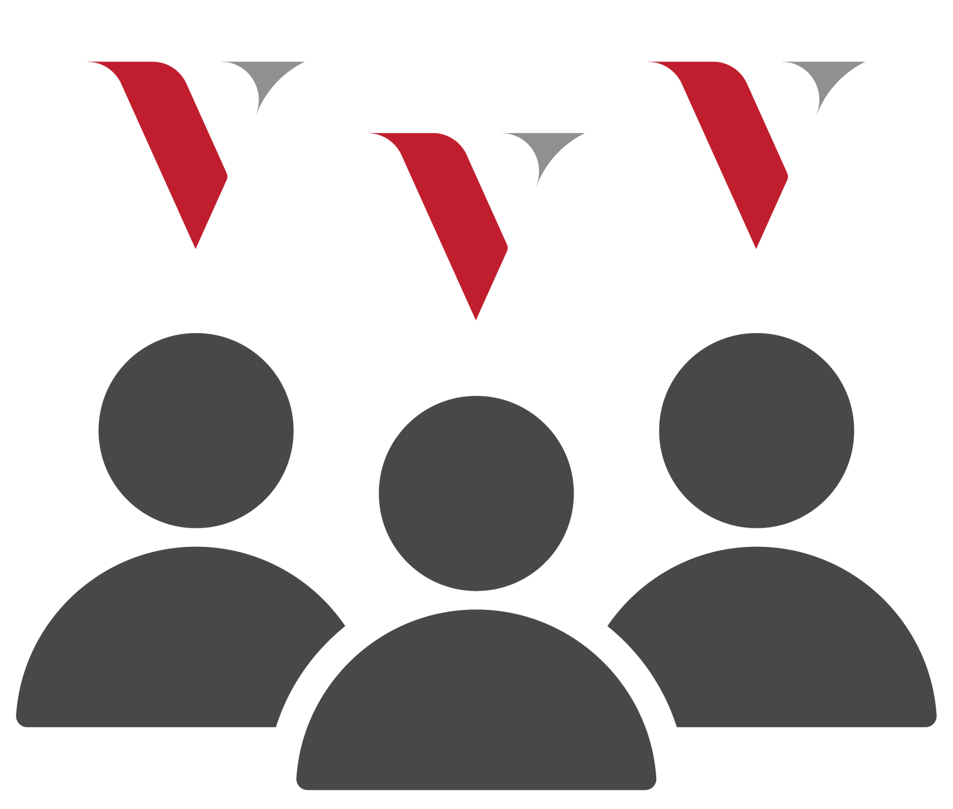 Three gray person icons with red and gray V-shaped marks above them on a white background