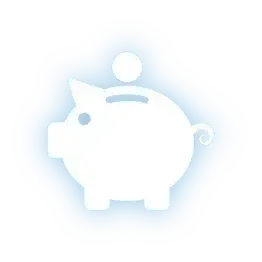 White piggy bank icon with a coin above it and a small tail, glowing light blue on a white background