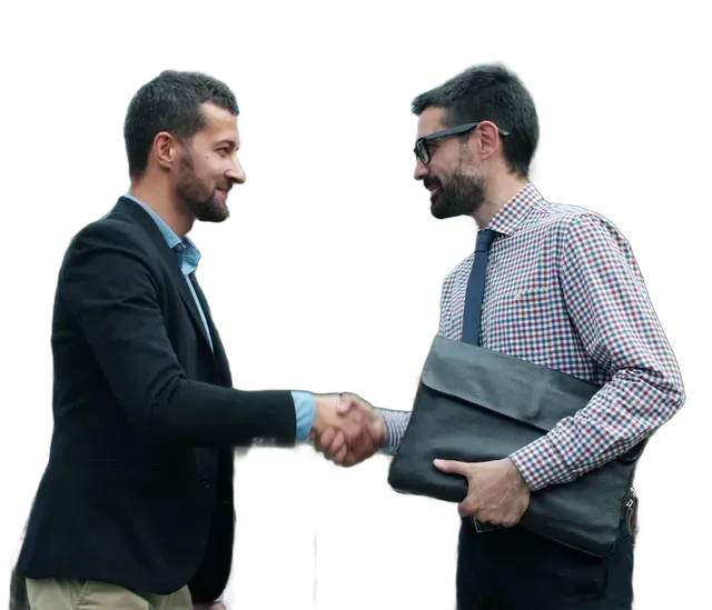 Two men shaking hands; one holds a gray laptop bag against a white background.