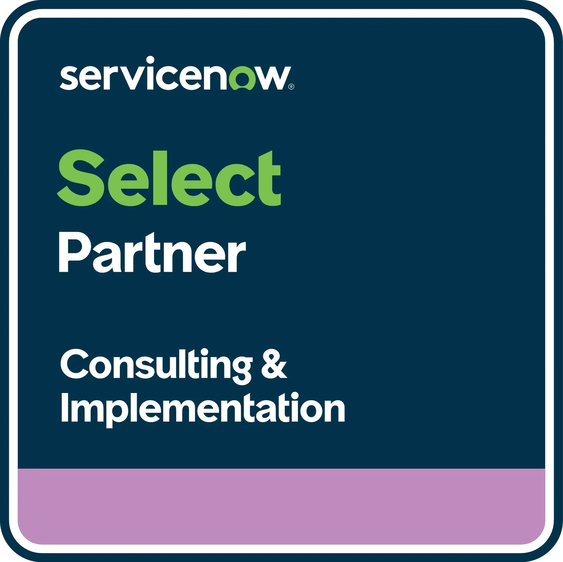 ServiceNow Select Partner badge for consulting and implementation on a dark blue background