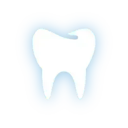White tooth icon with a light blue glow on a white background