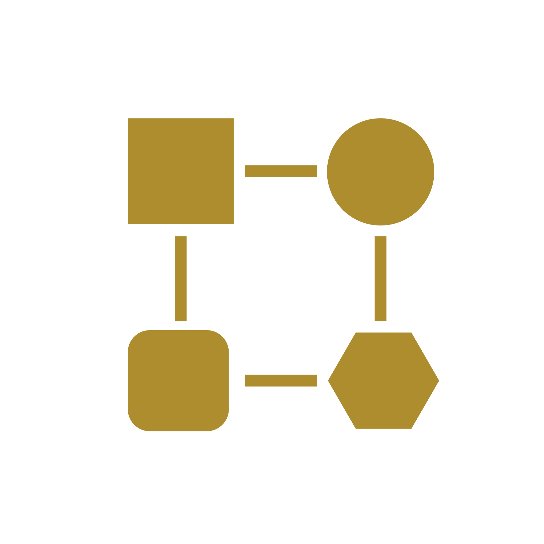 A gold-colored icon featuring four distinct geometric shapes connected by lines in a square formation.