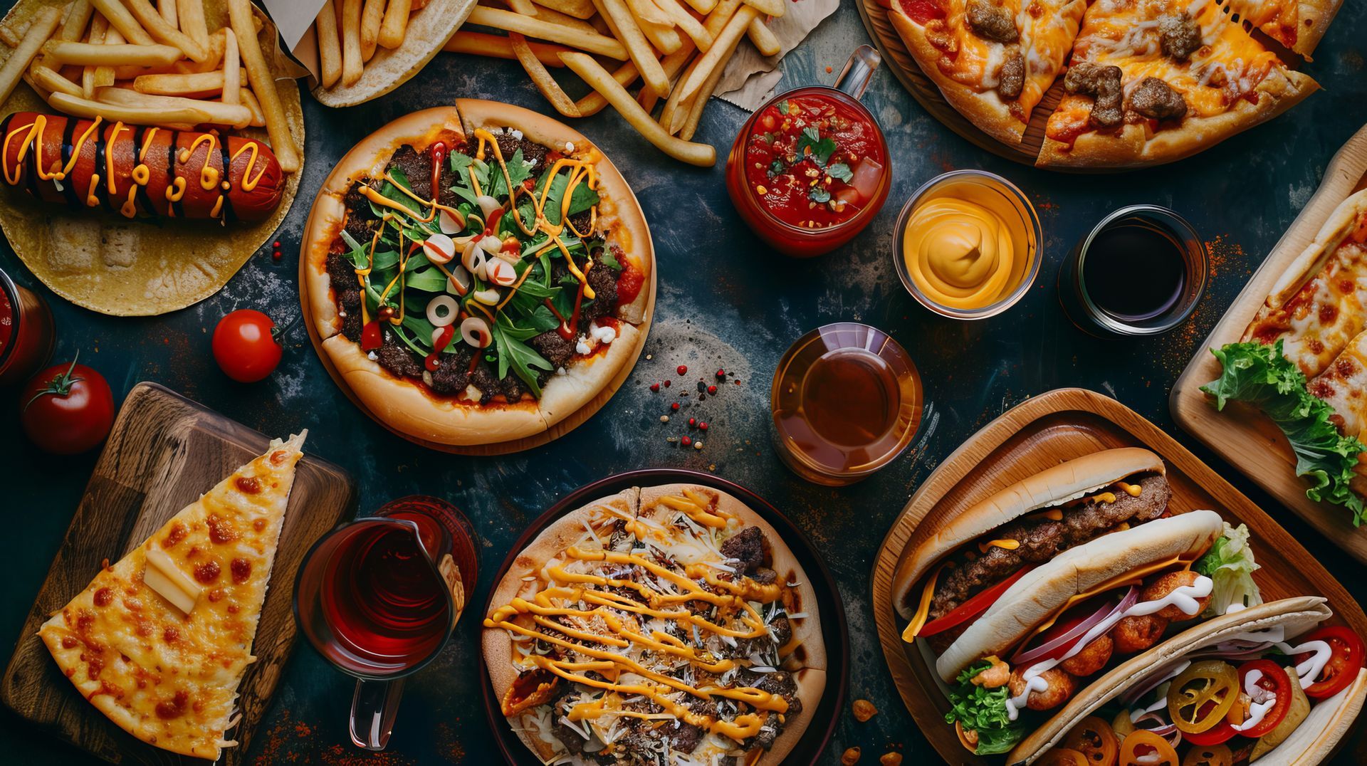 Overhead view of a spread of fast food including multiple pizzas, hot dogs, fries, sauces, and drinks on a dark surface.