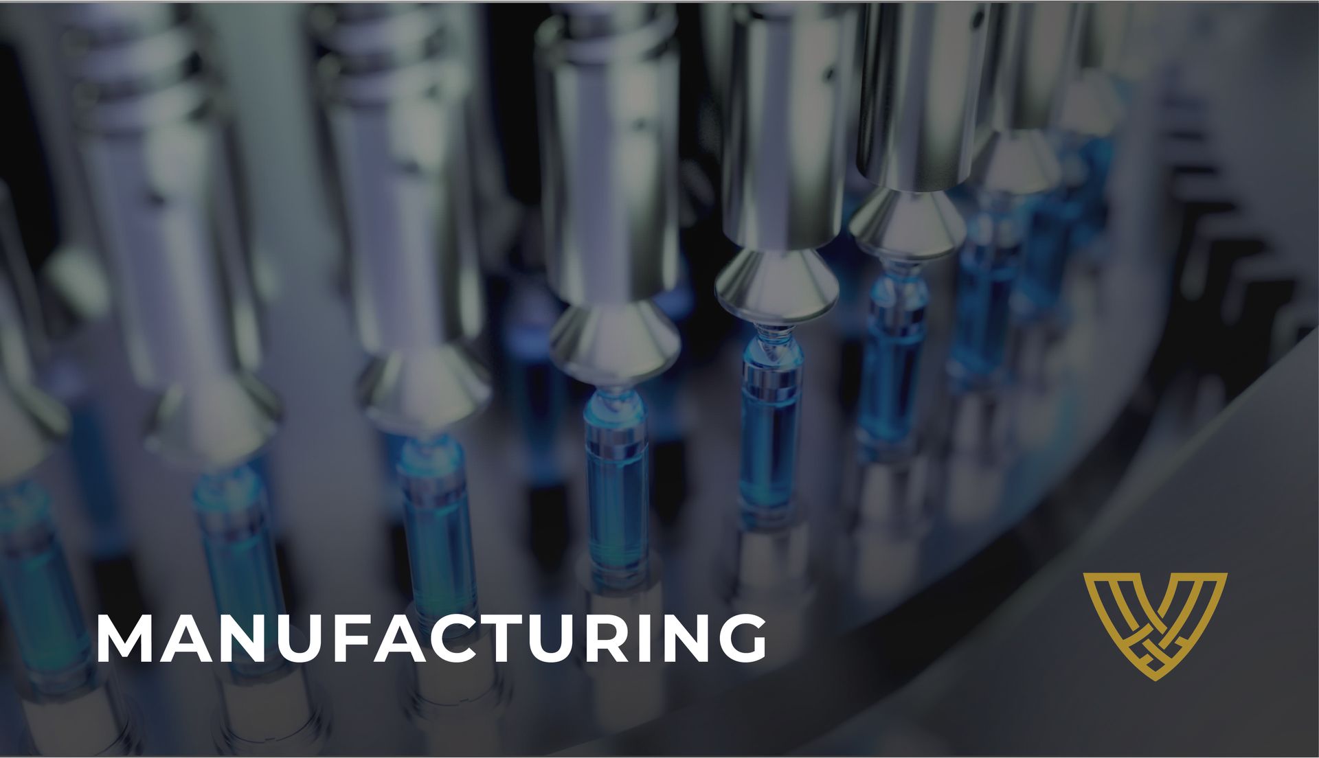 Industrial machinery fills blue-tinted vials in a pharmaceutical or chemical production line.