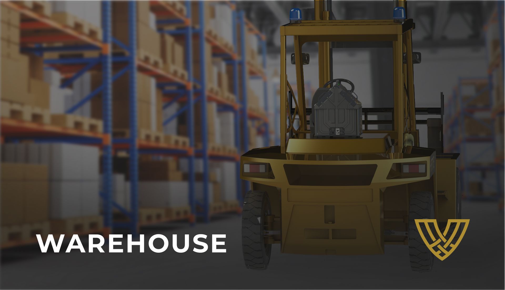 A yellow forklift parked in a warehouse aisle next to shelves stacked with cardboard boxes.