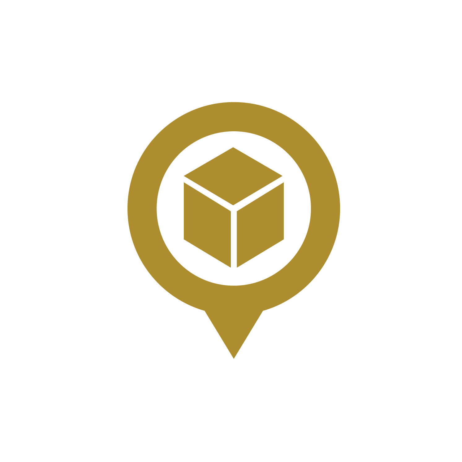 A gold-colored map location pin icon containing a white cube.