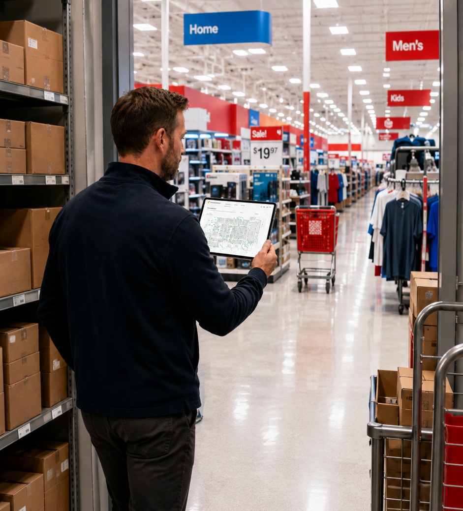 A warehouse employee in a light blue shirt and khaki pants walks while checking a tablet, surrounded by stacked boxes.