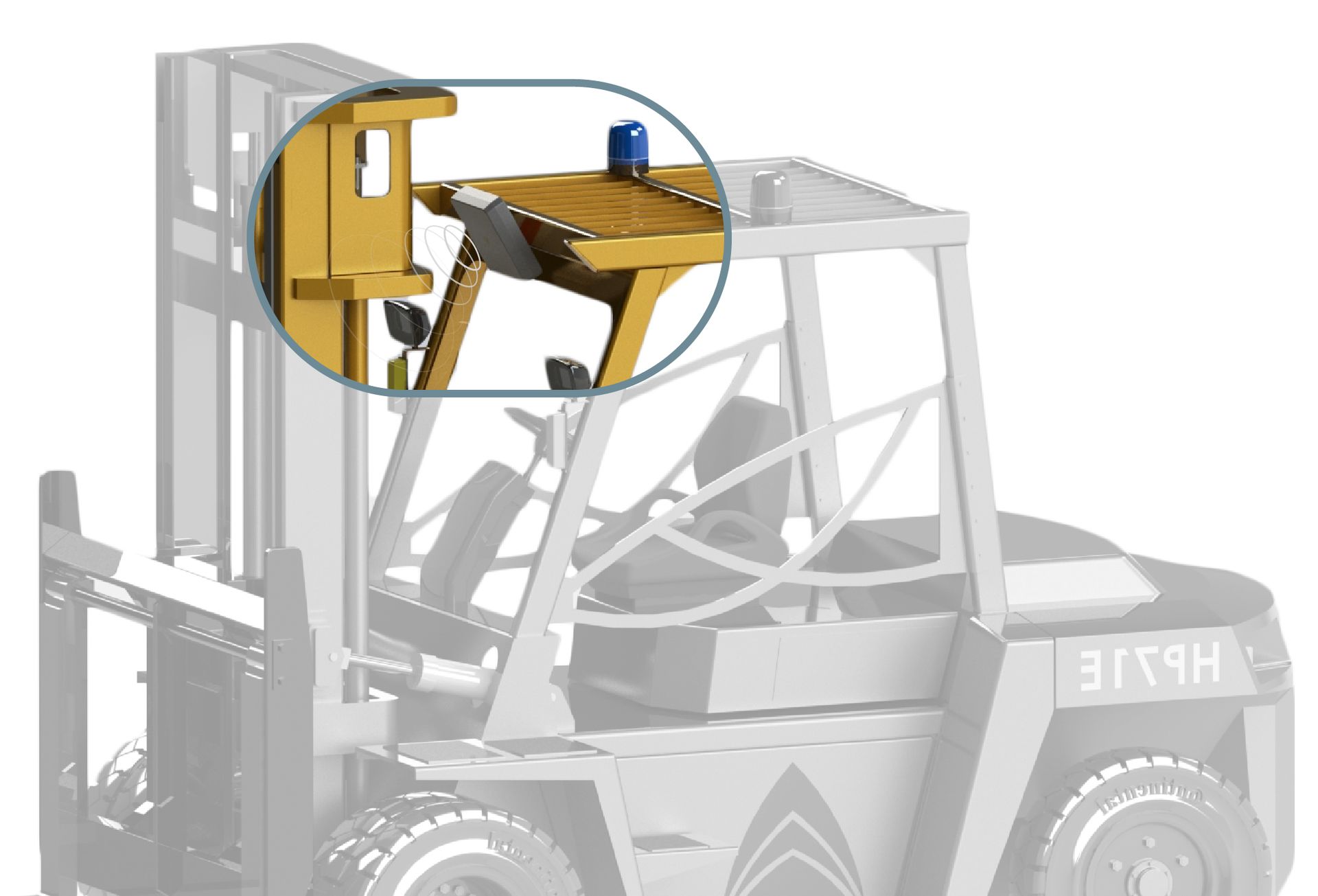 A close-up view highlights the overhead guard and warning light atop a yellow forklift.