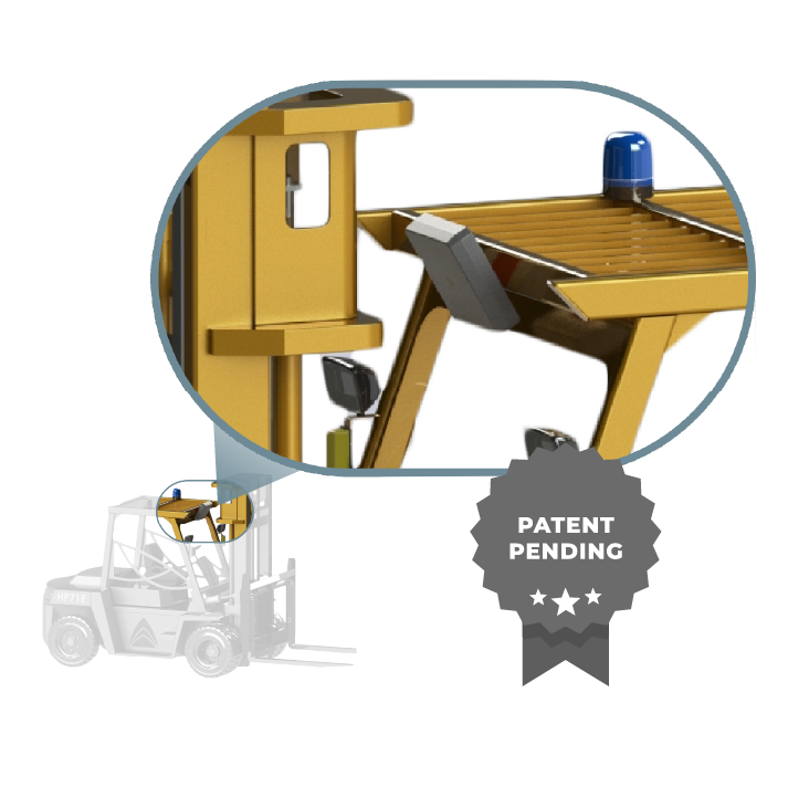 A close-up view of a yellow forklift cabin roof, featuring a small blue beacon light and a patent pending badge.