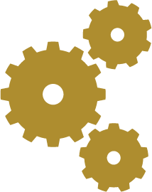 Three gold-colored mechanical gears interlocked against a white background.