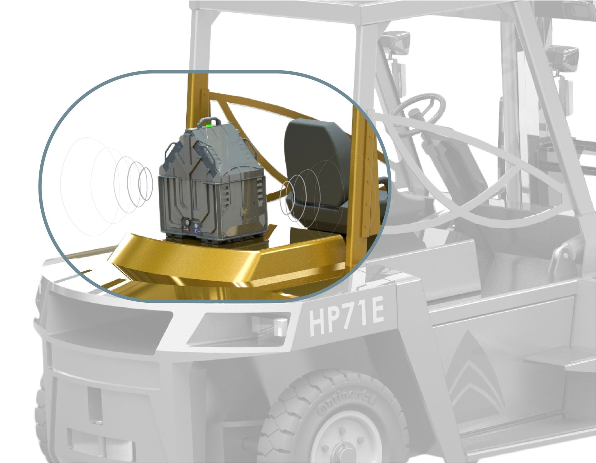A close-up view of a device emitting radio waves, mounted on the back of an HP71E industrial forklift.