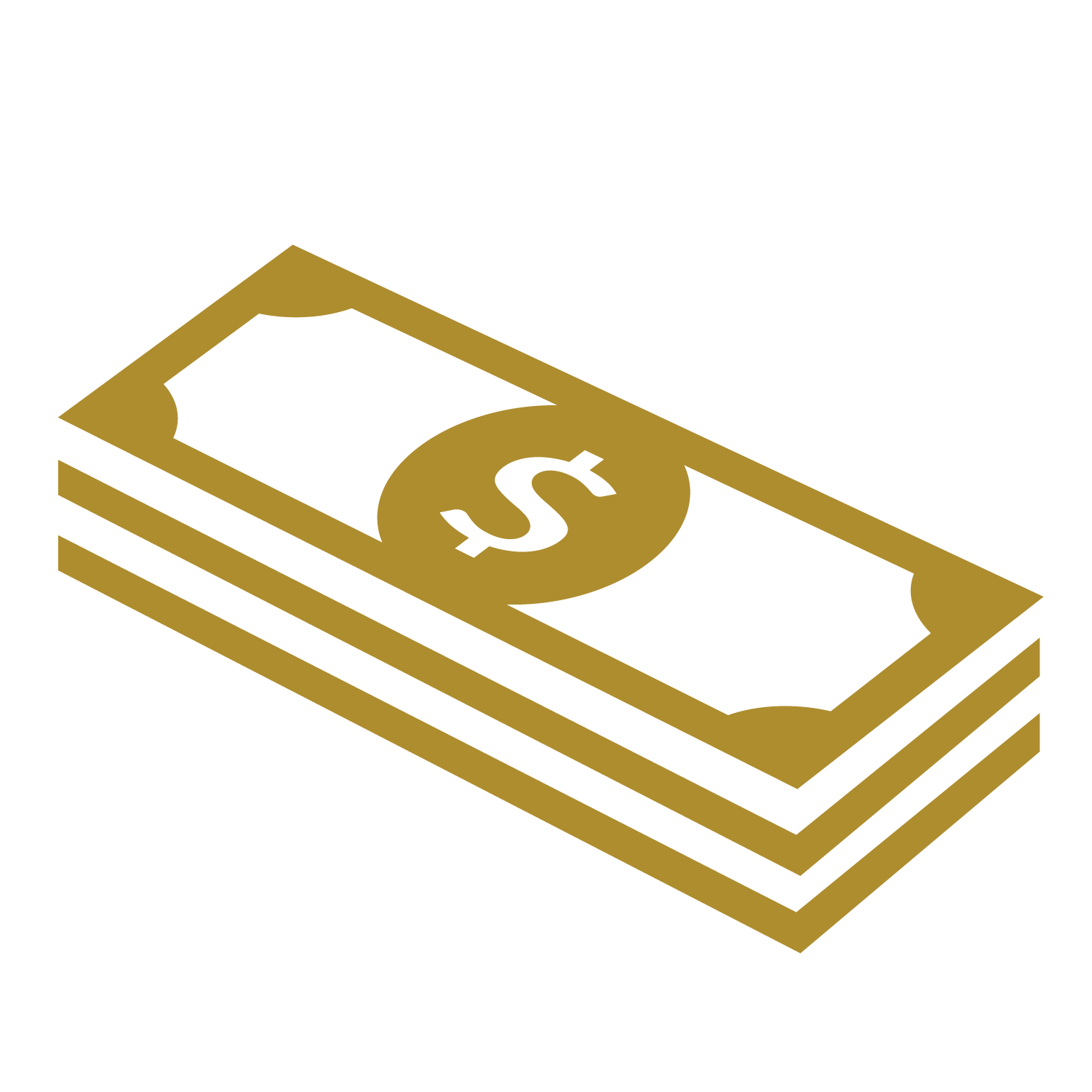 A gold icon of a small stack of paper currency with a dollar sign symbol on the top bill.