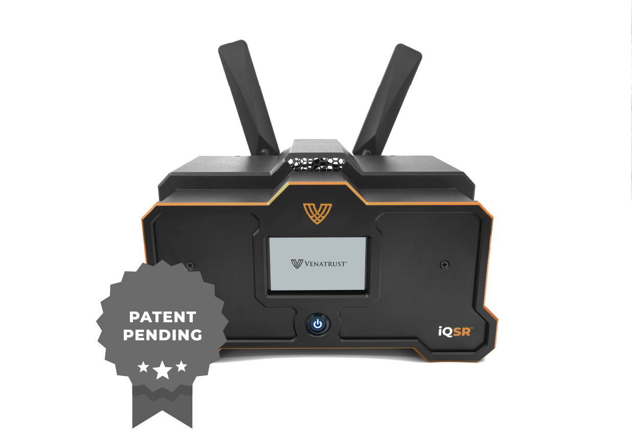 A black IQ 62V wireless device with two antennas, a central screen, and a