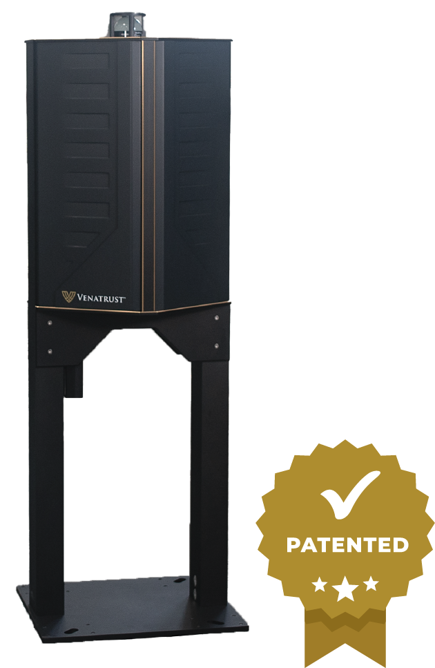 A tall, black industrial device with a base, next to a gold seal with a white checkmark and the word