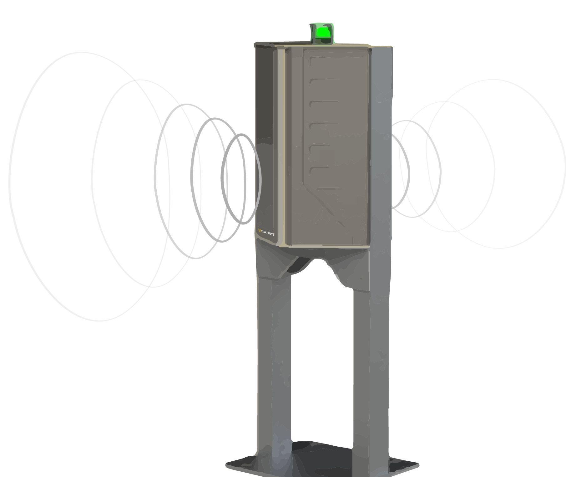 A metallic, pedestal-mounted sensor with a glowing green light on top, emitting signal waves to its left and right.