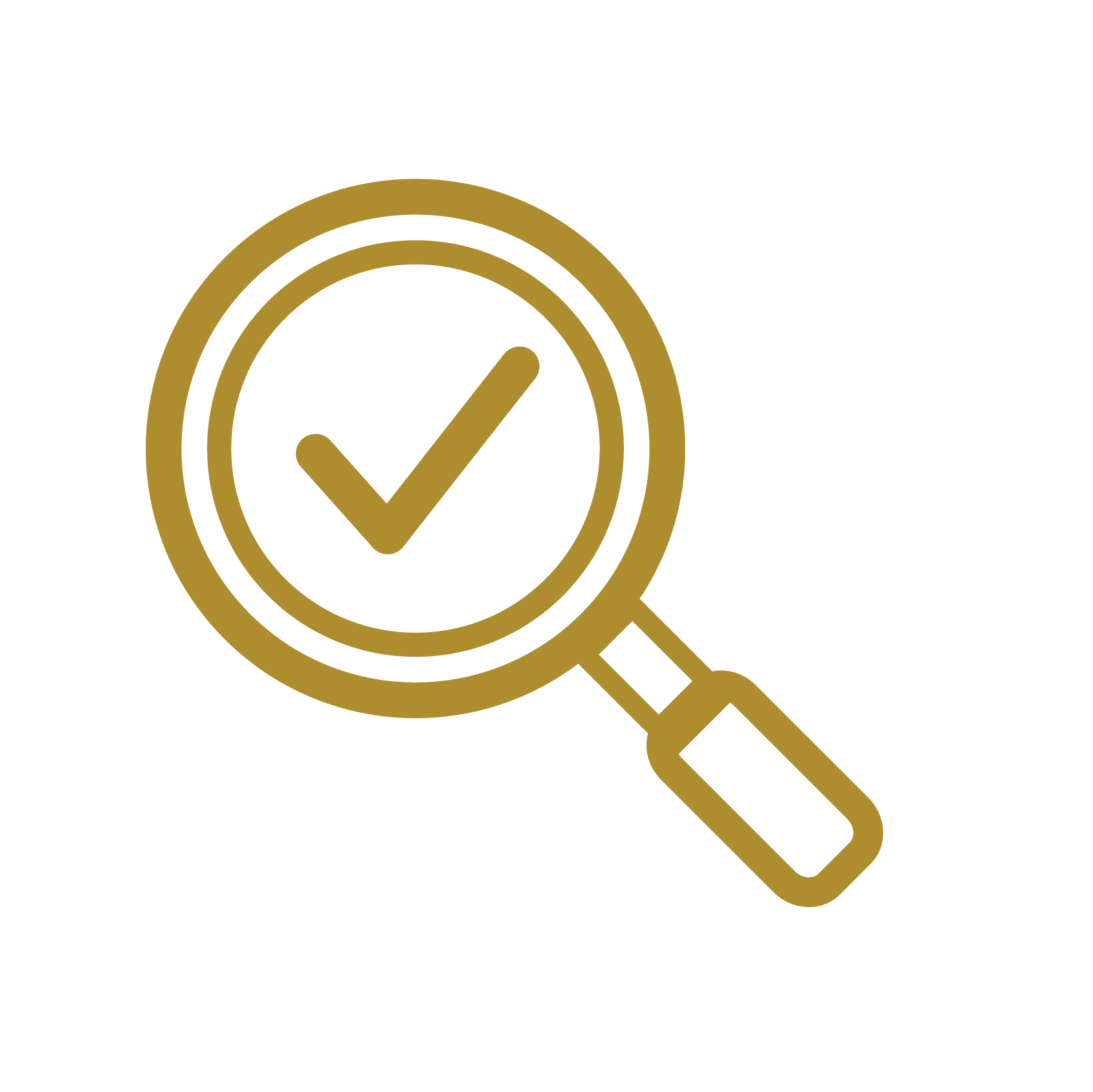 A gold-colored outline icon of a magnifying glass with a checkmark inside, representing verification or search results.