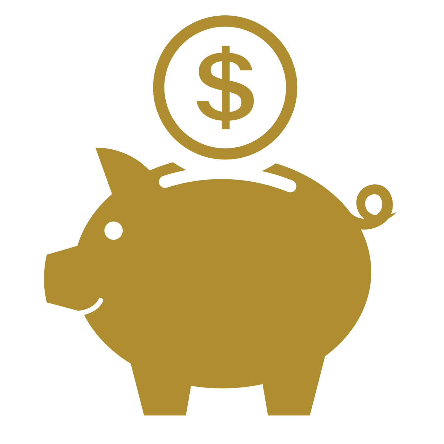 A gold piggy bank with a dollar sign coin on its back.