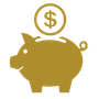 A gold piggy bank with a dollar sign coin on its back.