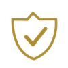 A gold outlined shield containing a gold checkmark on a white background.