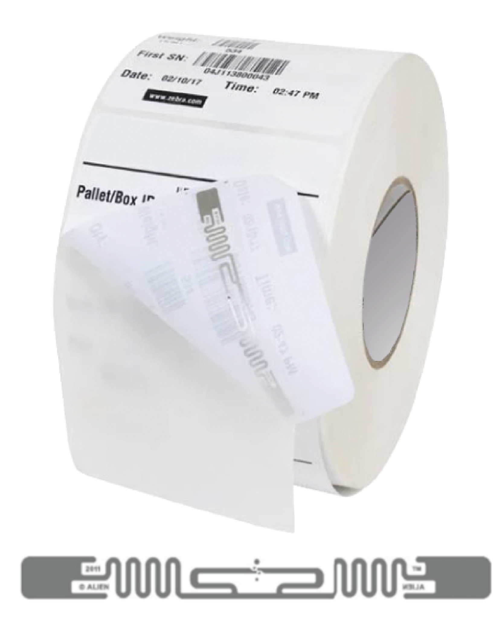 A roll of RFID-enabled thermal labels, with a partial peel-back revealing the metallic antenna pattern printed below.