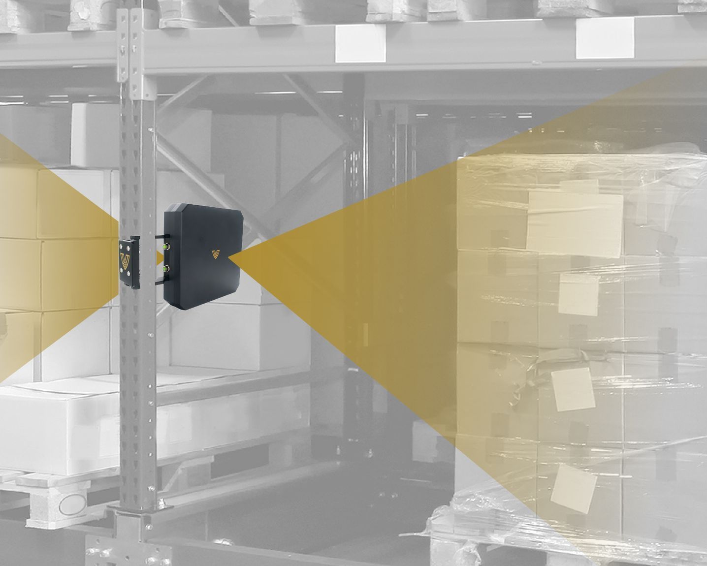 A warehouse sensor mounted on a metal rack shelf, projecting two golden beams to scan stacked pallets of goods.