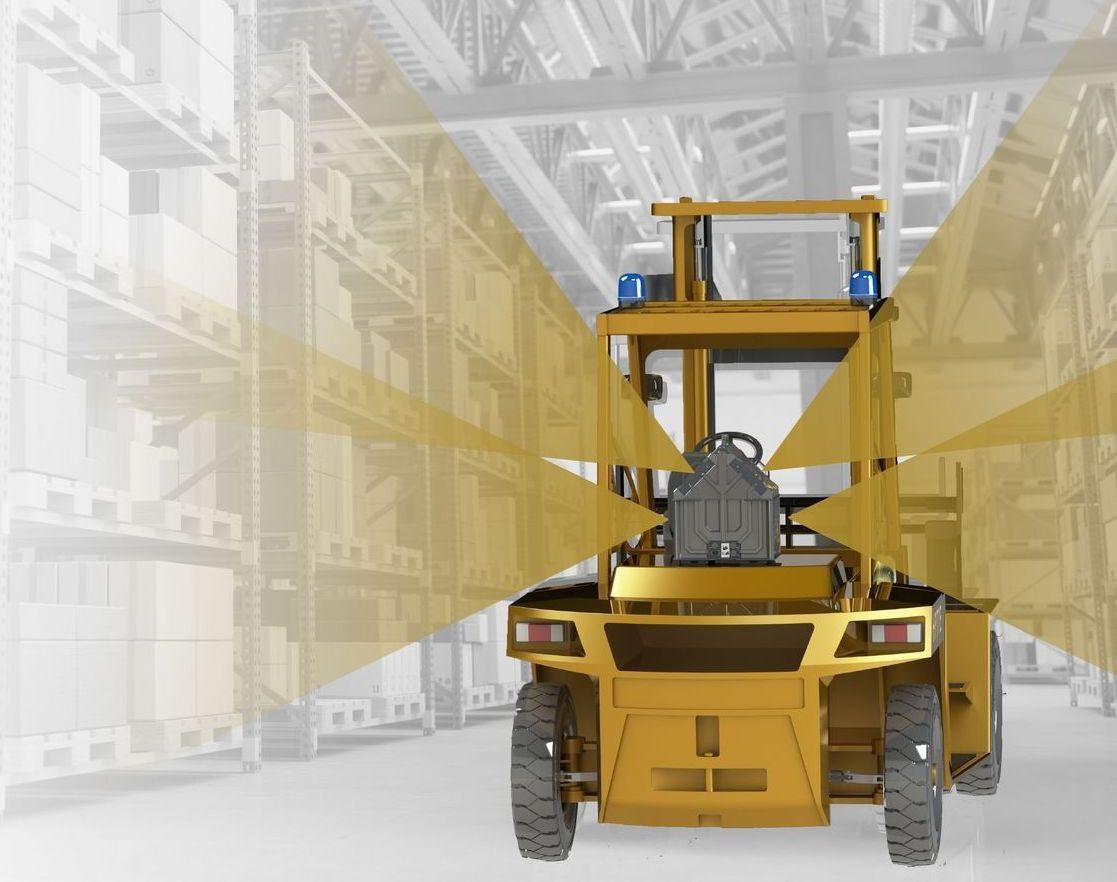 A yellow forklift in a warehouse with orange beams of light projecting from its sensors to detect surroundings.
